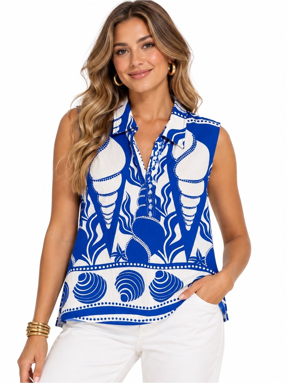 Blue &‎ White Shell Print Sleeveless cotton Blouse XL